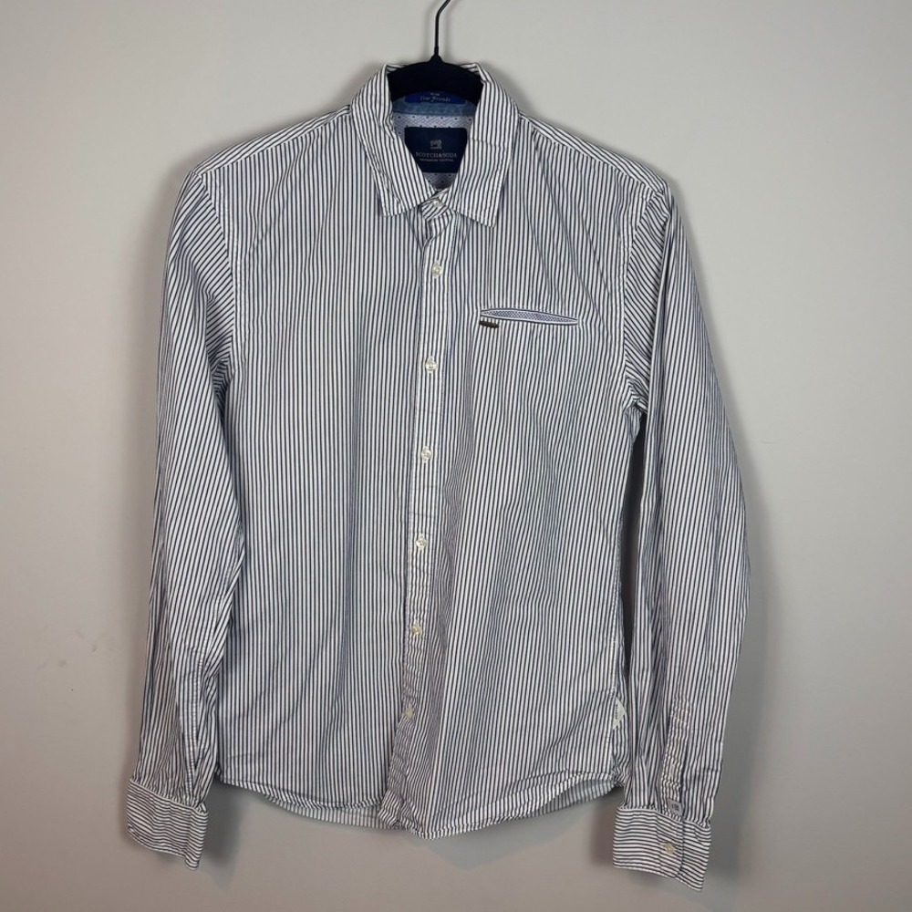 Scotch & Soda Mens Navy White Pin Stripe 100% Cotton Button up Shirt sz Small
